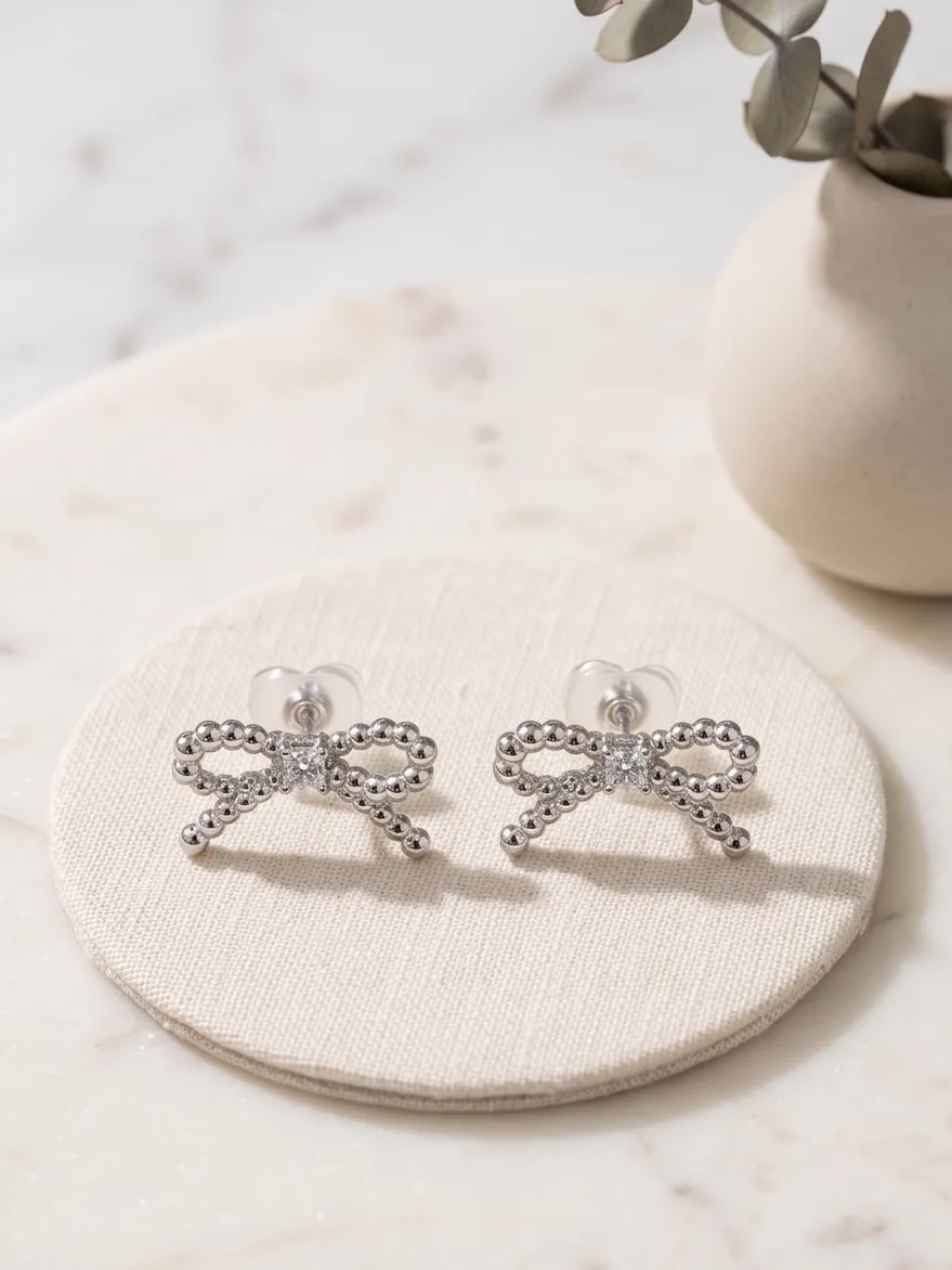 Sparkling Beaded Bow Stud Earrings